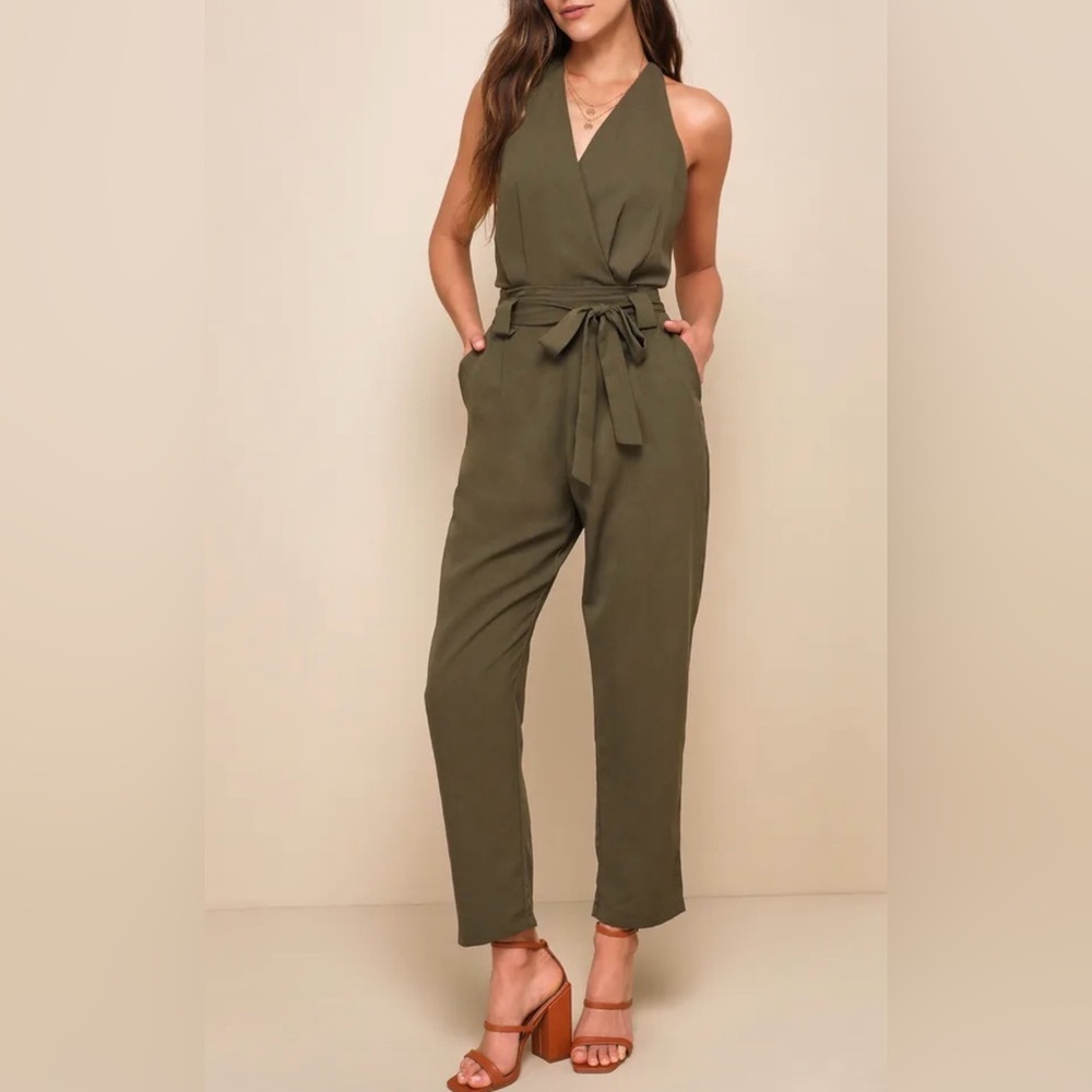NWT Lulu's Olive Green Tie-Waist Sleeveless Jumpsuit